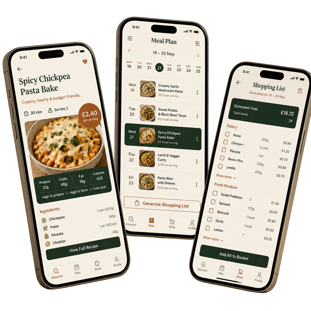 Troha app screens showing recipes, meal plan, and shopping list